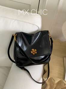 1件女款時尚斜挎包，單肩包，手提包，翻蓋方包，PU材質耐刮耐磨，適合購物、約會、外出、聚會、通勤，可調節肩帶以適配您的長度 - 黑色 - 查看 1