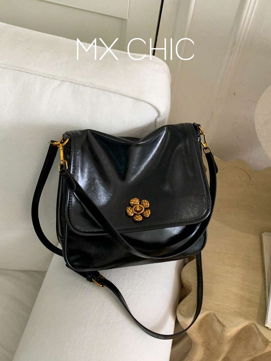 1件女款時尚斜挎包,單肩包,手提包,翻蓋方包,PU材質耐刮耐磨,適合購物、約會、外出、聚會、通勤,可調節肩帶以適配您的長度 - 黑色 - 查看 1
