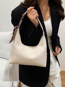 1pc Brown/White Summer Minimal Women's Shoulder Bag With Scarf, Vintage Crescent Hobo Bag Leather Bags Women Carteras Para Mujer - 彩色 - 查看 5