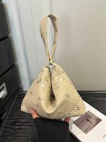1個拉鍊開口新款草編手腕包，花卉印花，歐美風，個性創意設計手機包、單肩包、腋下晚宴包，適合女性派對、晚宴、約會、海灘、度假、購物、出遊，編織包、手提包、單肩包 - 米色 - 查看 11