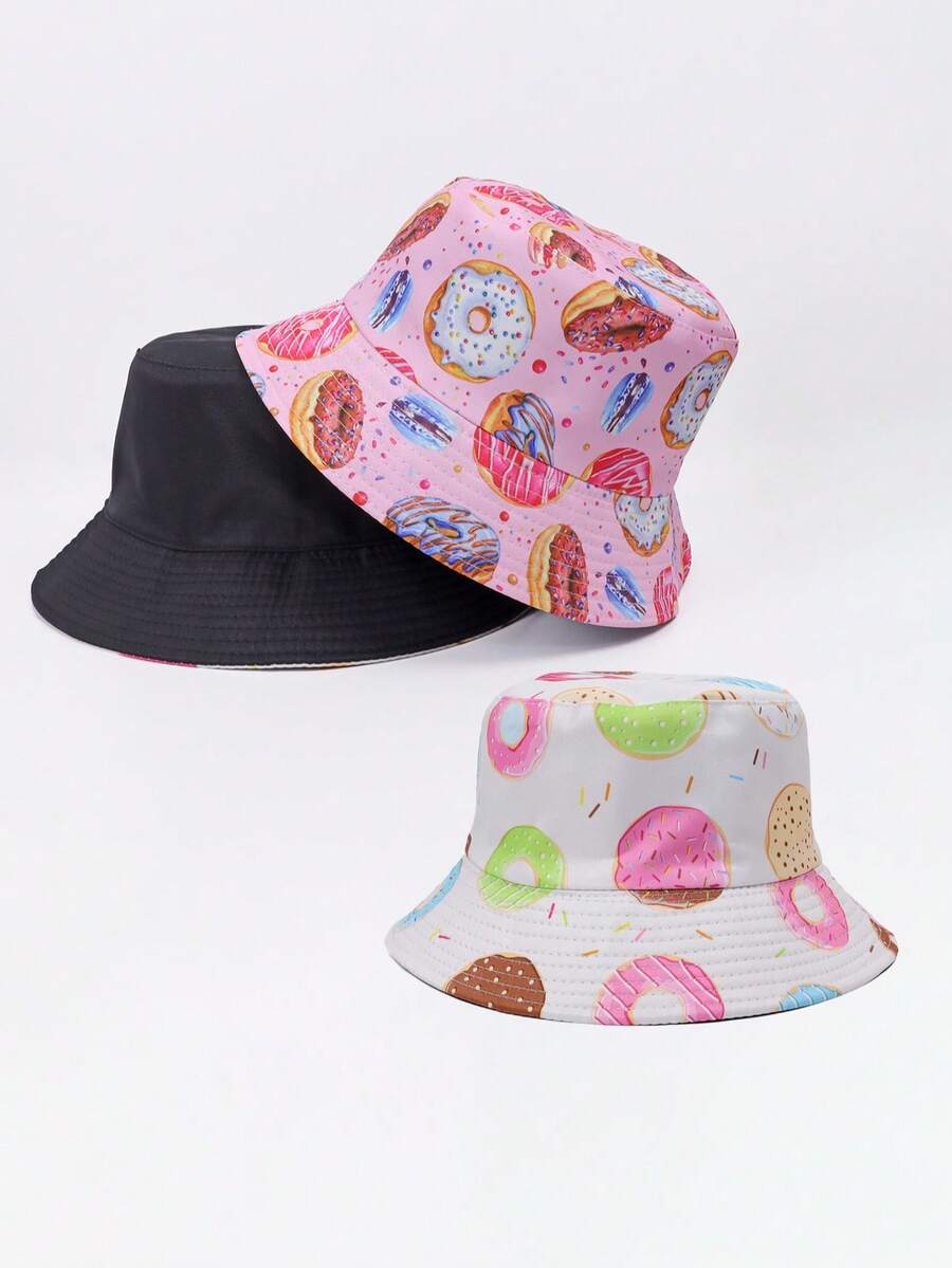 1pc Women's Reversible Donut Print Bucket Hat, Sweet Candy Pattern Sun Cap, Foldable UV Protection For Beach & Festivals - Donut-shaped Double-sided Fisherman's Hat - View 1