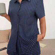 MewMuse.  Conjunto de pijama con cardigan de cuello a cuadros clásico para mujer - Azul - Ver 5