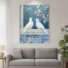 Enmarcado Impresión artística moderna en lienzo 2D/plano - Diseño de palomas en porcelana azul y blanca, decoración de pared enmarcada para el hogar, oficina, bar, cafetería, aula, dormitorio, regalo ideal para Pascua, Día de los Inocentes, Día de la Madre, graduación, uso interior/exterior, decoración de pared interior | Estilo Art Déco | Obra de arte detallada, decoración de pared - Enmarcado - Ver 3