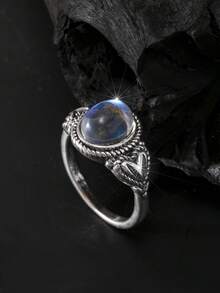 1pc Bohemian Style Silver Moonlight Color Synthetic Cubic Zirconia Ring, Oval Cut, Vintage Twisted Rope Edge, Heart-Shaped Setting. Fashionable Versatile Women's Ring. No Gift Box Included. - Silver - View 4