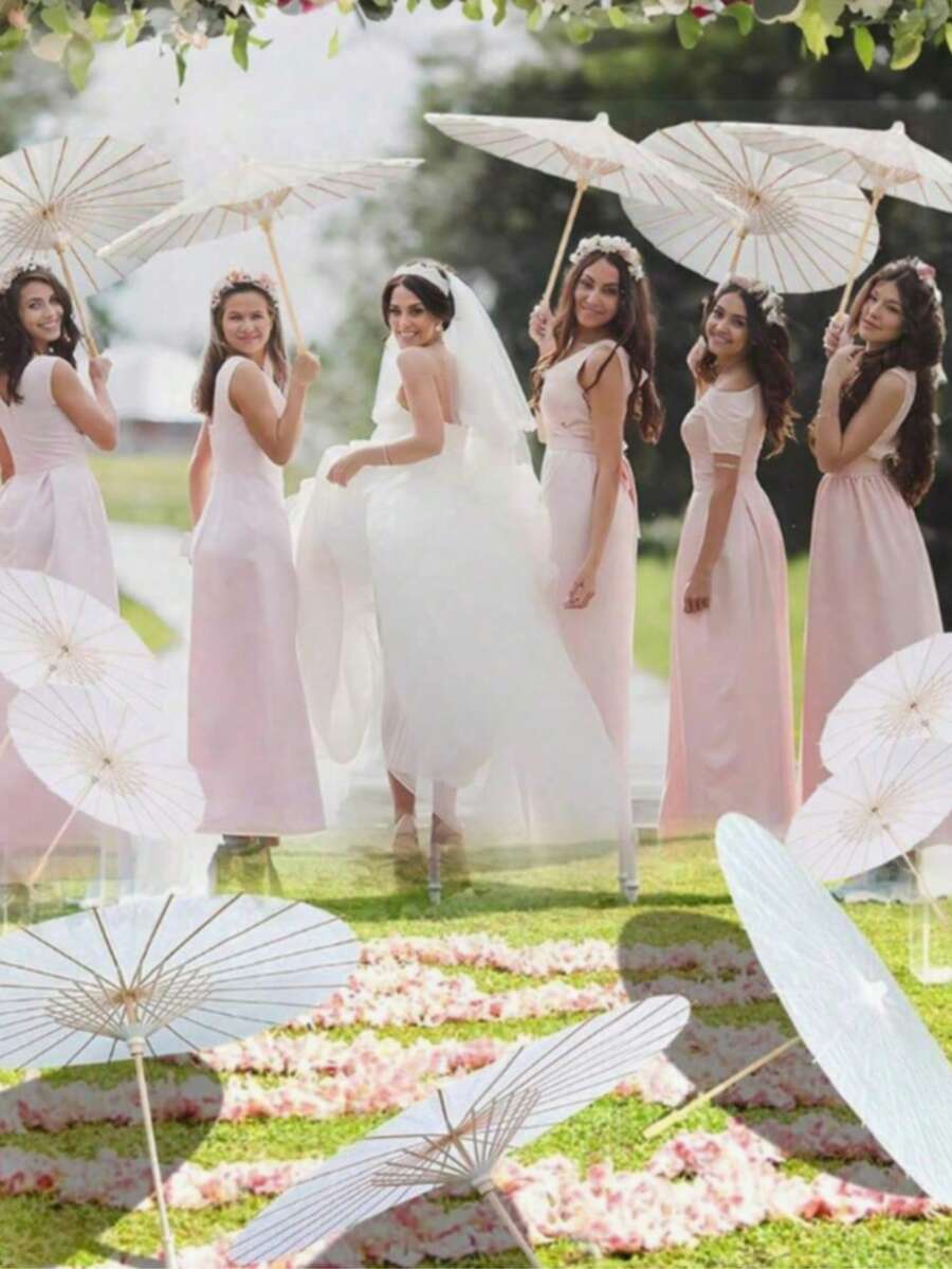 8 Sets, 6 Sets And 1 Set Wedding Umbrellas, Handmade Painted Umbrellas, White Parasols And Vintage Chinese Round Oil Paper Umbrellas. These Are Perfect For Use As Photo Props, Cosplay, Craft Decoration, Wedding Arch Decoration And Bridal Party Decoration. Each Set Size Is 84 Cm X 60 Cm. - White - View 1