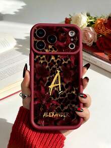 1pc Customized Letter Name, Red Lily & Gold Leopard Print Patchwork TPU Edge Thickened Shockproof Protective Phone Case Compatible With Apple 17ProMax/16 Pro Max/15Pro/14 Plus/13 Pro/12 Pro Max/11/XsMax/8/7 Phone Accessories Protective Case - Burgundy - View 5
