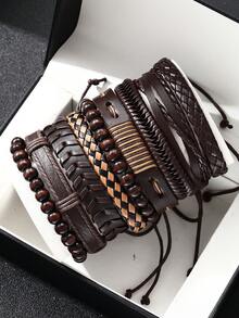 12pcs/Set Men's Retro Casual Beaded PU Leather Bracelet Set, Suitable For Daily, Outdoor, Sports, Fashionable Boyfriend Gift - Multicolor - View 9