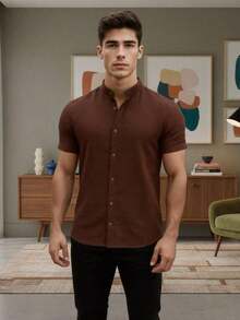 Men's Henley Collar Shirt - Classic And Timeless - 棕色 - 查看 1