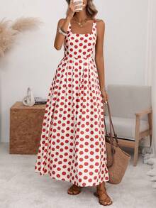 A-Line Midi Dress With Pleated Back, Fitted Waist, Wide Straps And U-Neck, With Back Adjustment, In A Romantic Style Of Large Polka Dots, Elegant Retro French Minimalist, Suitable For Office, Travel, Business, Casual, Beach, Resort, Spring/Summer - 紅色的 - 查看 1