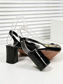 1 paire de sandales de navetteur à bout pointu sans dos enrobé noir pour adolescents, printemps/été, matériau enrobé brillant + design de bride élastique à l'arrière, talon épais antidérapant, talons hauts polyvalents, convient pour le lieu de travail / / les scènes quotidiennes, nouvelles chaussures pour filles 2026 - Noir - Voir 3