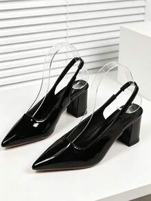 1 paire de sandales de navetteur à bout pointu sans dos enrobé noir pour adolescents, printemps/été, matériau enrobé brillant + design de bride élastique à l'arrière, talon épais antidérapant, talons hauts polyvalents, convient pour le lieu de travail / / les scènes quotidiennes, nouvelles chaussures pour filles 2026 - Noir - Voir 4