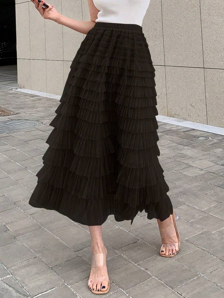 Skirt With Solid Mesh Overlay, Ruffles, Back-To-School Clothes - 黑色 - 查看 1