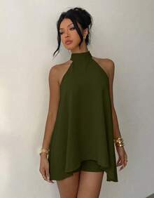 Women's Jumpsuit Halter Neck Loose Summer Dress - 軍綠色 - 查看 4
