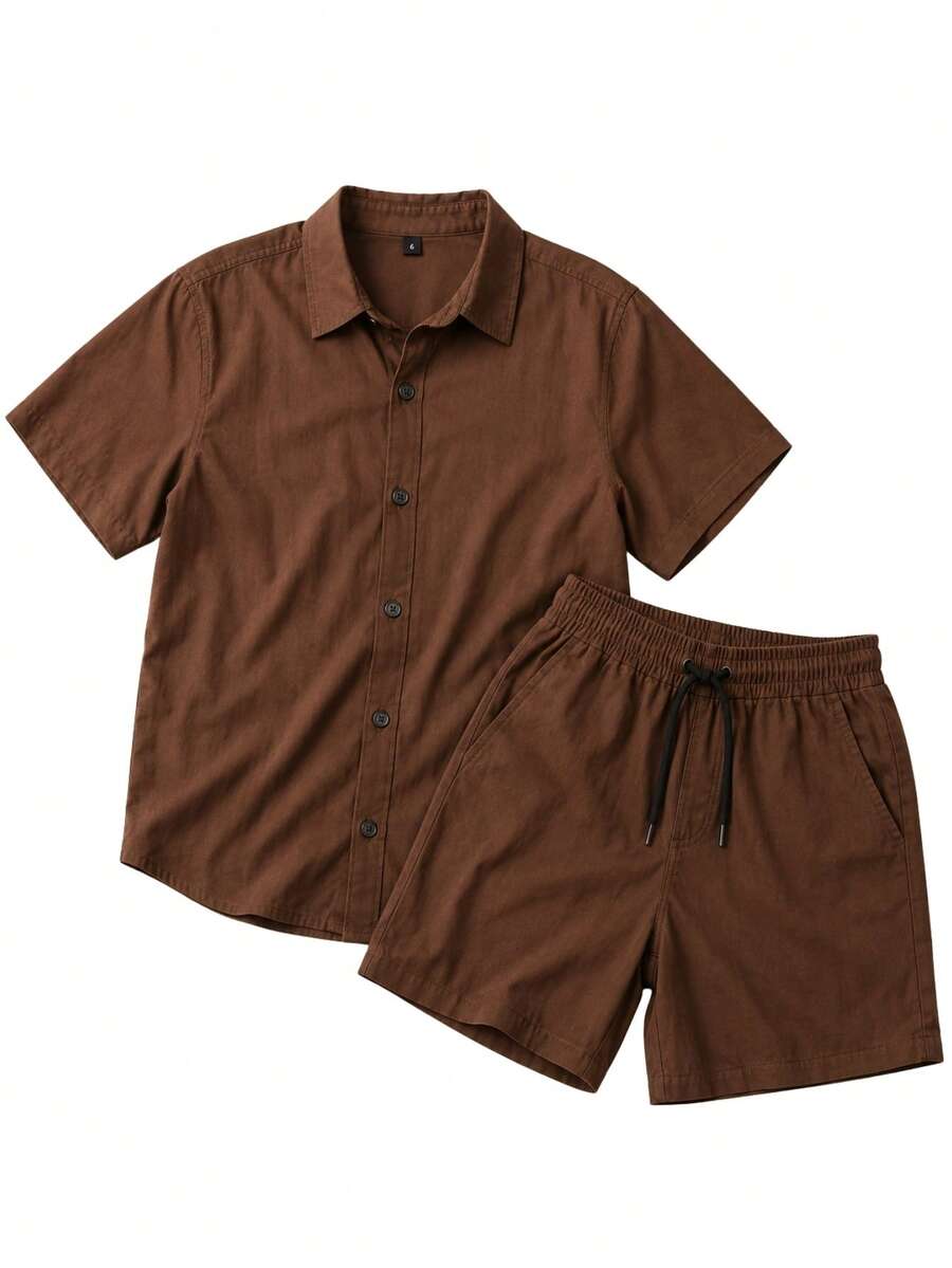 Boys' Comfortable Shirt And Shorts Set In Viscose Linen - Óxido marrón - Ver 1