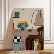 Enmarcado 1 lienzo abstracto enmarcado para pared - Diseño moderno de naturaleza muerta con gato naranja, cuencos y jarra azules, póster 2D/plano para decoración del hogar, oficina o cafetería, regalo perfecto para Pascua, Día de la Madre, graduación, arte de oficina |  artística | Decoración de interiores - Enmarcado - Ver 4