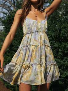 Vacation Style Ruffle Hem Sexy Cami Dress - Yellow - View 3