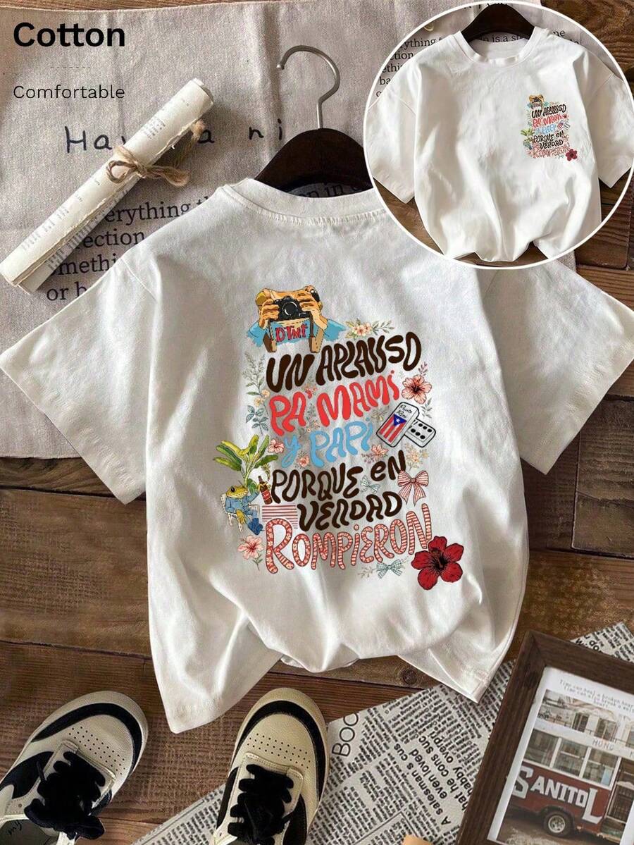 Top Oversize Primavera/Estate 2026, 100% Cotone, T-Shirt A Maniche Corte Da Donna, Stampa In Cotone Acho PE-ERAE, Girocollo A Tinta Unita, Morbido E Confortevole, Casual, Streetw - 銀行. - 查看 1