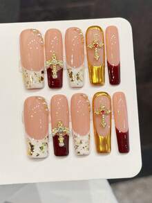 10pcs Handmade Press-On Nails, Rectangular Shape, Pink, Gold And Red Color Block, Decorated With Cross, Niche High-End White Nail Art, Suitable For Women - Red - View 10