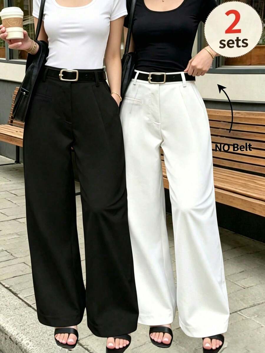 Pantalones de traje casuales y cómodos de unicolor para mujer - Blanco y Negro - Ver 1