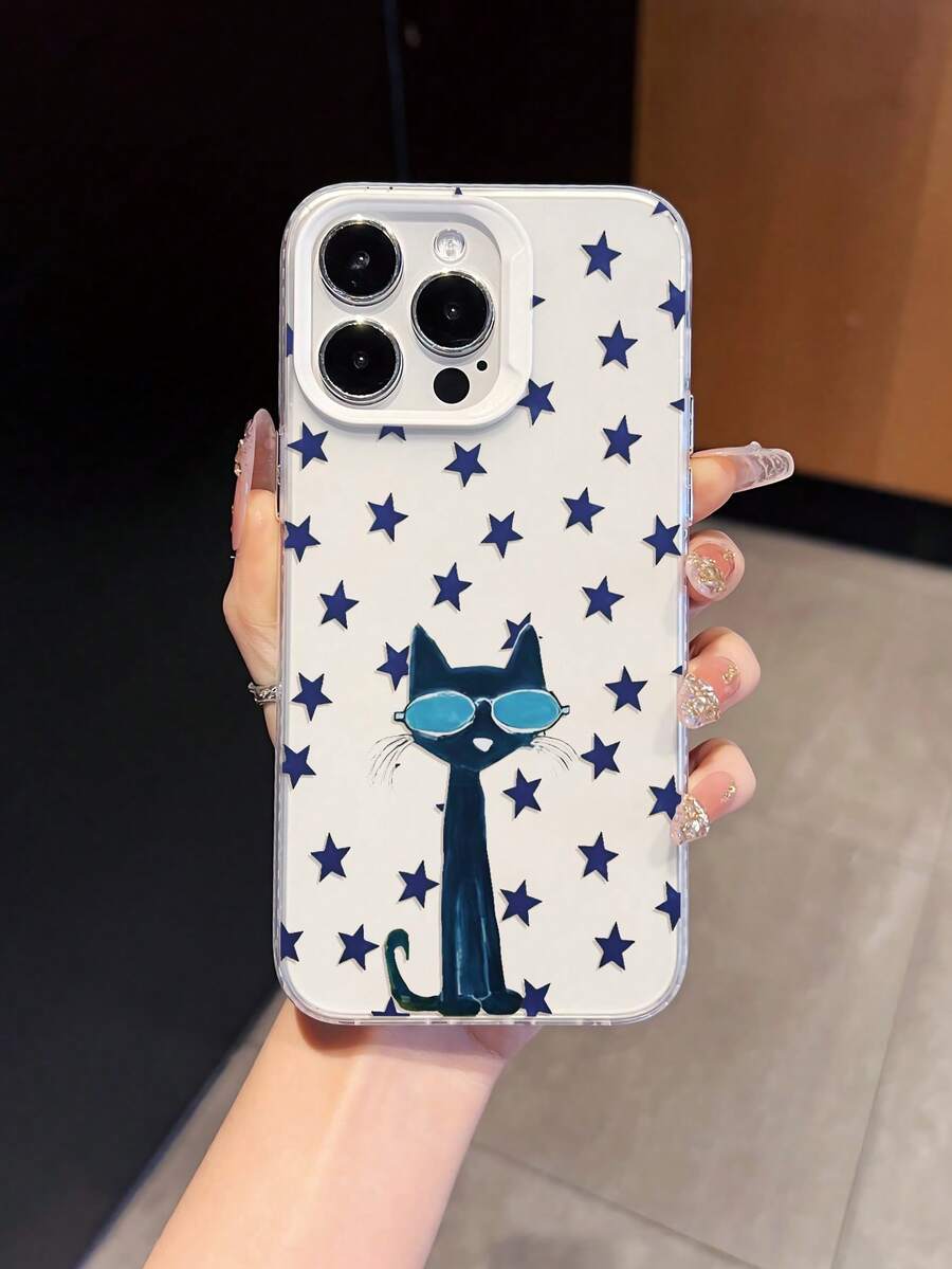 1pc Ins Style Black Cat With Fashion Glasses & Stars Transparent Shockproof Phone Case, Full Coverage Soft Shell, Niche Quirky Cool Protective Cover, Perfect Gift Choice, Compatible With Apple IPhone17/17Pro/17ProMax/16/11/16Plus/16ProMax/16e/15ProMax/13/14/12/14ProMax/12ProMax/13ProMax/12Pro/13Pro/14Pro - White Frames, Translucent White - View 1