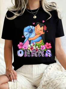 Disney Women Round Neck T Shirt Stitch And Lilo Hugging With Flowers Ohana Print Casual Summer Wear For Everyday And Holiday 220g - 黑色 - 查看 1