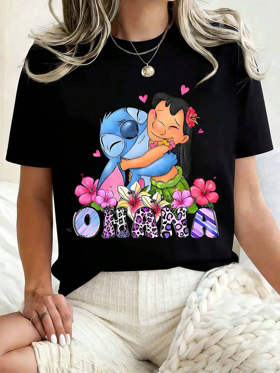 Disney Women Round Neck T Shirt Stitch And Lilo Hugging With Flowers Ohana Print Casual Summer Wear For Everyday And Holiday 220g - 黑色 - 查看 1