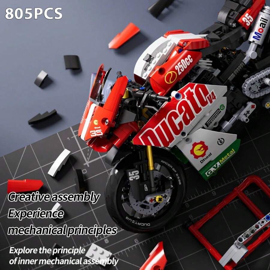 1:8 Bloques de Construcción de Motocicleta de Carreras Estilo Ducati, 805 piezas Motocicleta Mecánica Simulada con Partes Móviles, Juguete de Ensamblaje de Alta Dificultad, Decoración de Escritorio Coleccionable, Regalo Perfecto para Niños y Adolescentes - Multicolor - Ver 1