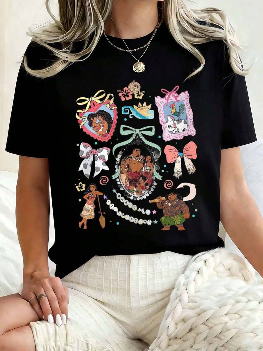 Women Round Neck T Shirt Moana And Friends Cartoon Print Casual Summer Wear For Disney Fans 220g - màu đen - Xem 1