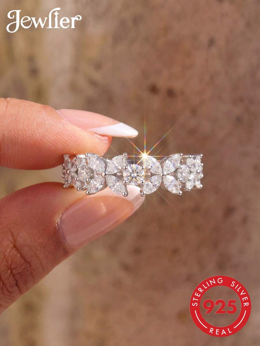 1 chiếc nhẫn bạc 925 Sterling Silver tối giản hình cỏ bốn lá đính đá Zirconia, món quà trang sức thanh lịch dành cho phụ nữ, thích hợp để đeo khi hẹn hò.