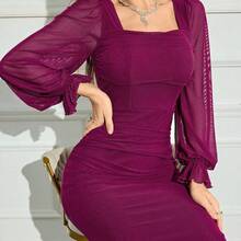 xuehuamaoyi02  Vestido de mujer de unicolor, cuello en V, manga larga, plisado, ajuste slim - Morado - Ver 8