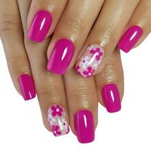 30pcs Women's Reusable Short Coffin Shaped Press-On Nails, Rose Red Print Y2K Style Full Coverage Glossy Fake Nails, Easy To Apply And Remove, Includes Jelly Glue And Nail File, Suitable For Vacation, Party, Dance And Daily Wear - Hot Pink - View 7
