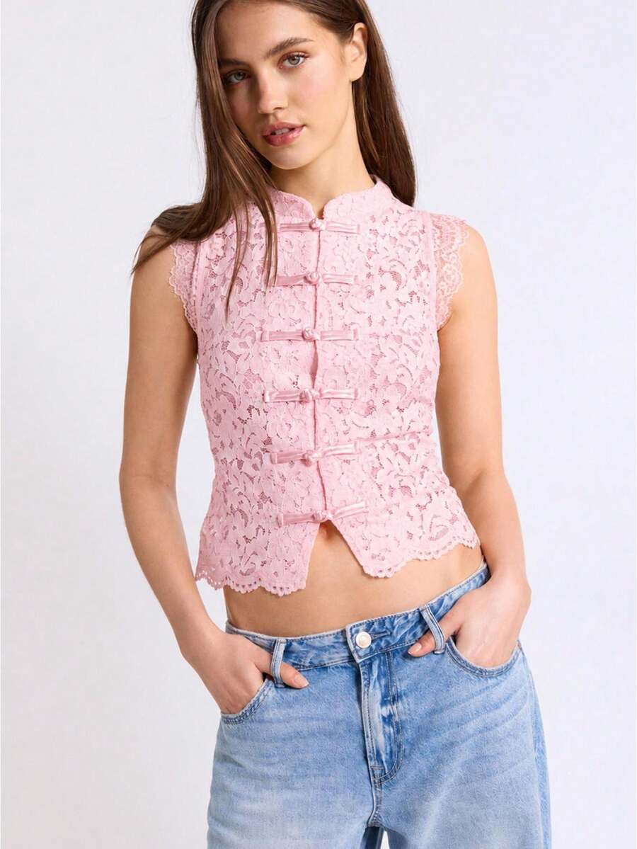 Y2K Women's Lace Stand Up Collar Vest - Off Shoulder Sleeveless Frog Button Fan-Shaped Hem Lace Shirt Top Suitable For Summer Daily Gatherings, Concerts, Vacations, And Parties - 粉色 - 查看 1