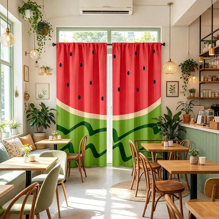 2PCS Watermelon Patterned Curtains, Summer Decorative Curtains, Pole Pocket Design, Privacy Protection, Suitable For Office, Dormitory Or Home Decoration, Machine Washable - Multicolor - View 1
