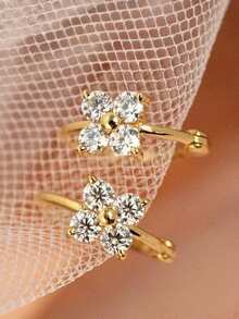 1 Pair Women's Simple Elegant Versatile Small Flower Zirconia Stud Earrings, Suitable For Daily Commute Wear, Also A Great Gift Choice For Close Friends - Yellow Gold - View 4