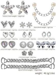 24pcs Set Luxury Crystal Flower Pearl Chain Detachable Alloy Shoe Charms, High-End Decorative Accessories For Clogs Shoes - Silver - View 1