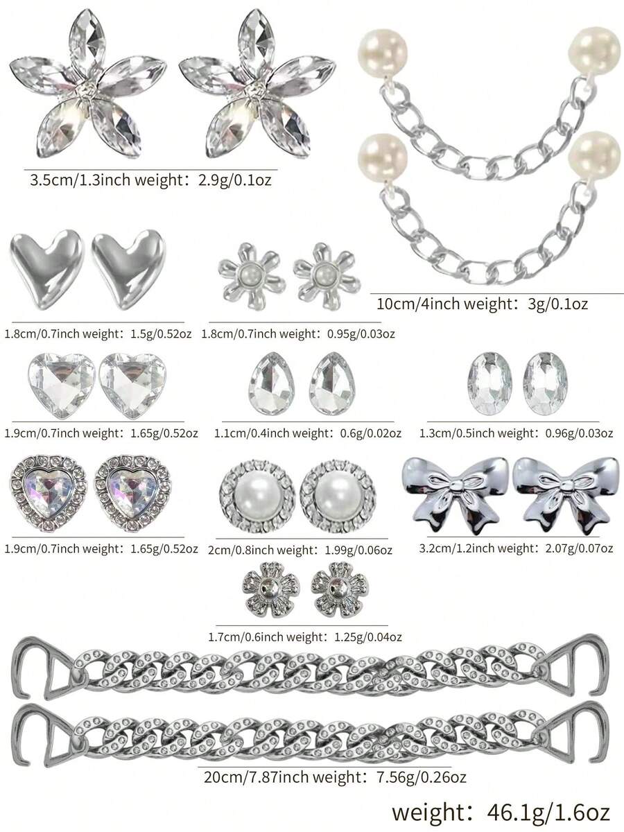 24pcs Set Luxury Crystal Flower Pearl Chain Detachable Alloy Shoe Charms, High-End Decorative Accessories For Clogs Shoes - Silver - View 1