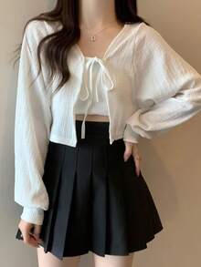 1件女款披肩式開襟衫，新款時尚繫帶長袖燈籠袖短版開襟上衣披肩，防曬開襟衫 - 彩色 - 查看 13