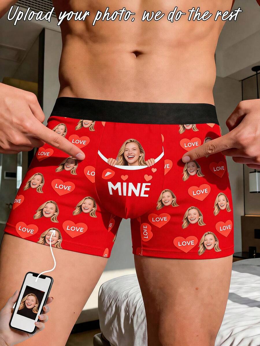 1件客製化人臉與「MINE」印花男士四角內褲，個性化照片內褲，趣味「女友財產」惡搞禮物送給他