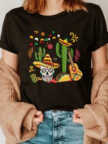 Minimalist. 100% Cotton. Women's 1pa T-Shirt With Cactus And Skull Print - Short Sleeves, Round Neck, Suitable For Spring And Summer, Bohemian Style, Casual Wear, Machine Washable, Regular Fit. Spring Summer Top. - 黑色 - 查看 1