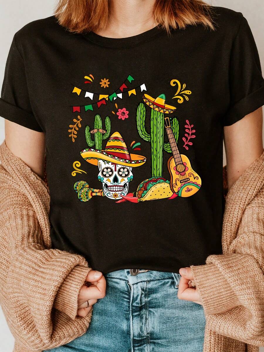 Minimalist. 100% Cotton. Women's 1pa T-Shirt With Cactus And Skull Print - Short Sleeves, Round Neck, Suitable For Spring And Summer, Bohemian Style, Casual Wear, Machine Washable, Regular Fit. Spring Summer Top. - 黑色 - 查看 1