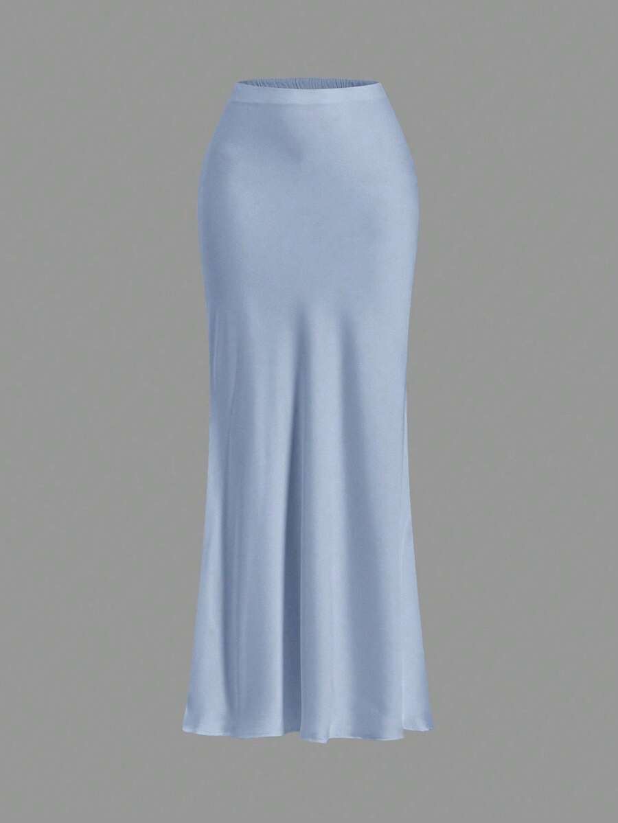 Women's A-Line Skirt In Solid Color With Contrasting Lace, Suitable For Spring/Summer Holidays - Celeste - View 1