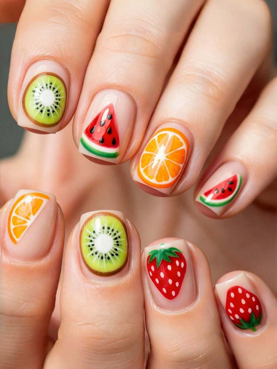 24 piezas de uñas postizas cortas de estilo europeo cuadradas, estilo INS de frutas de fresa y sandía, puntas de uñas de cobertura completa removibles, adecuadas para fiestas, bailes de graduación y uso diario - Multicolor - Ver 1
