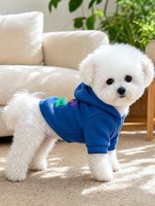 PETCIRCLE 1件寵物衣物 狗貓衣服 室內外穿搭 小狗幼犬 春秋舒適套頭連帽衫 附帽印花運動衫系列 素色運動衫 - 寶藍色 + 熱轉印貼布 逼真可愛 - 藍色 - 查看 2