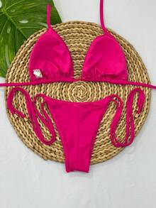 Triangle Bikini With Double Polyamide String Tie-Up Panties - Hot Pink - View 2