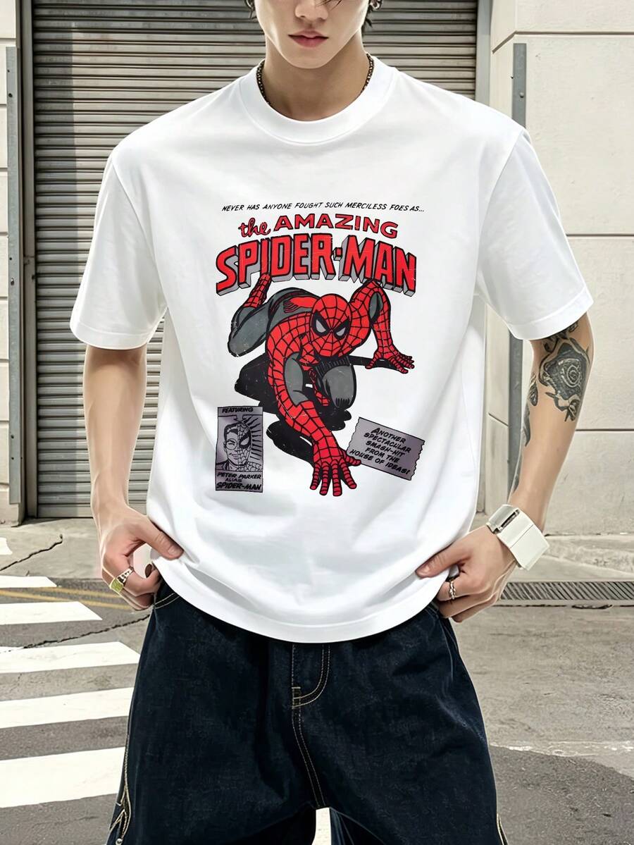 Marvel Marvel Comics Spider Man Comic Style Print Graphic T Shirt 100 Percent Cotton Men Clothes Men's Shirt Summer Holiday Outfits Marvel Series Men's Gifts Streetwear - 白色 - 查看 1