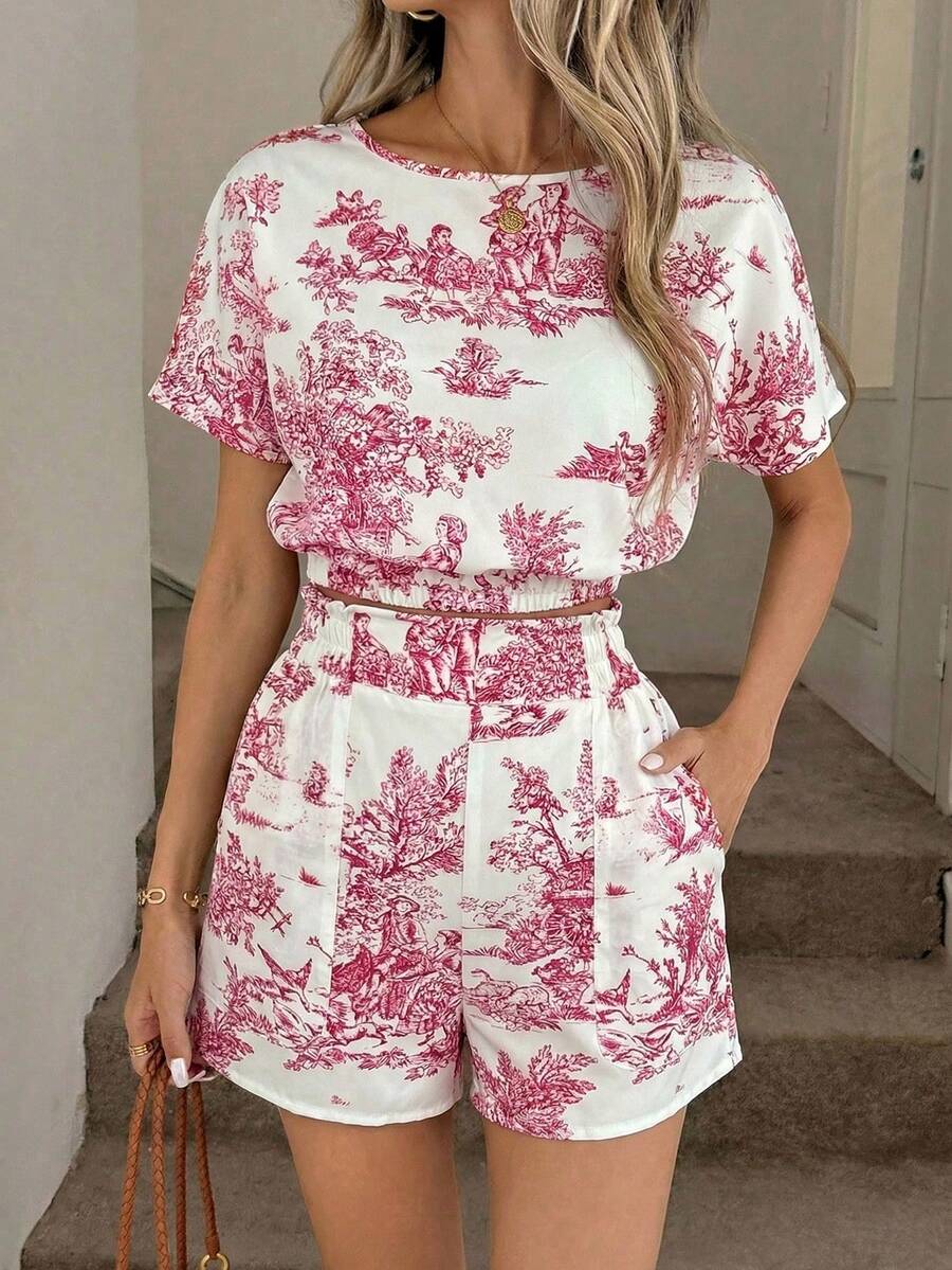Women's Casual And Elegant Vintage Floral Print Set, Includes A Blouse With A Round Neck And Gathered Waist, And Shorts With Ruffles At The Waist And Pockets - 紅色的 - 查看 1