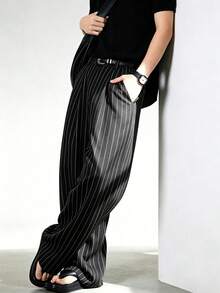 Men's Casual Business Style Wide Leg Trousers Fashionable Streetwear Striped Long Pants - Black - View 2