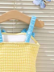Young Girl Soft Yellow Textured Bow Decor Camisole One-Piece Swimsuit - Yellow - View 5