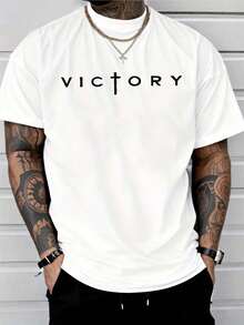 Men's Letter Print T-Shirt, Round Neck, Short Sleeves, Summer T-Shirt, Thick Pure Cotton Top. - White - View 2