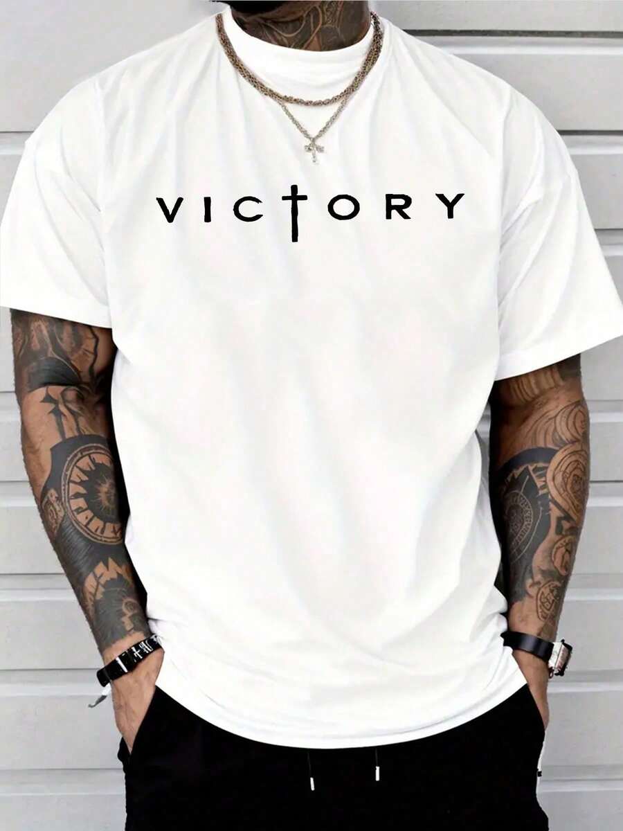 Men's Letter Print T-Shirt, Round Neck, Short Sleeves, Summer T-Shirt, Thick Pure Cotton Top.